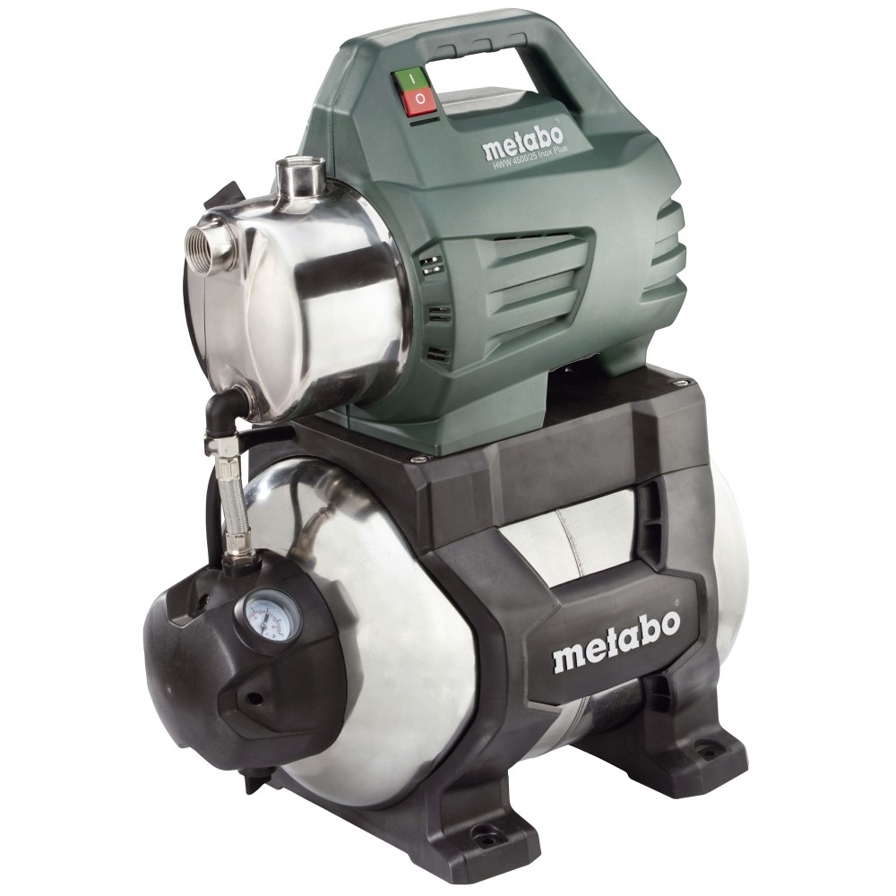 Vienfāzes hidrofora ūdens sūknis METABO HWW 4500/25 INOX PLUS, jauda 1300 W, plūsma 4500 l/h, pacelšanas augstums 48 m, tvertnes tilpums 24 L | Ūdens sūknis ar hidroforu | Ūdens sūkņi |