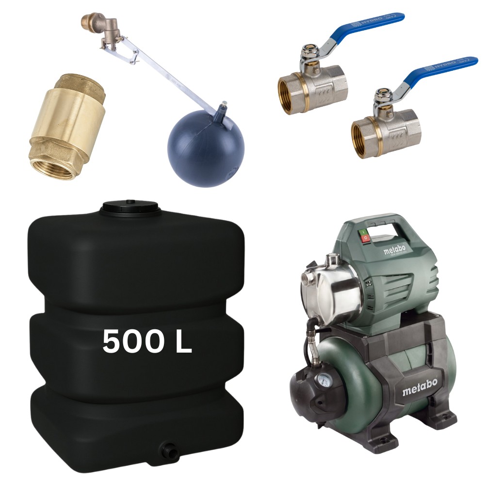 Kit „Drinking water 500L“ with water tank Mavil (black, rectangular) and hydrophore pump Metabo |  |  |