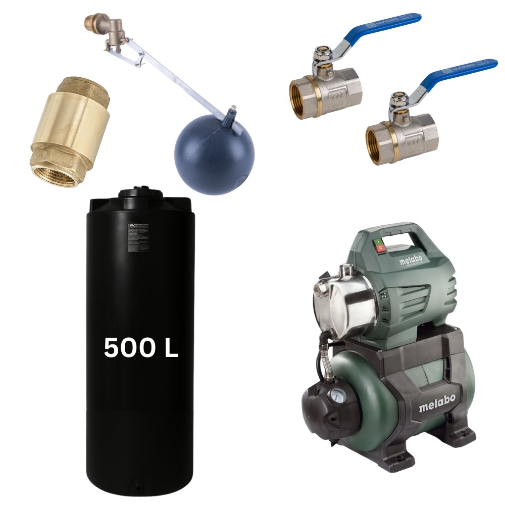 Kit „Drinking water 500L“ with water tank Mavil (black, cylindrical) and hydrophore pump Metabo |  |  |
