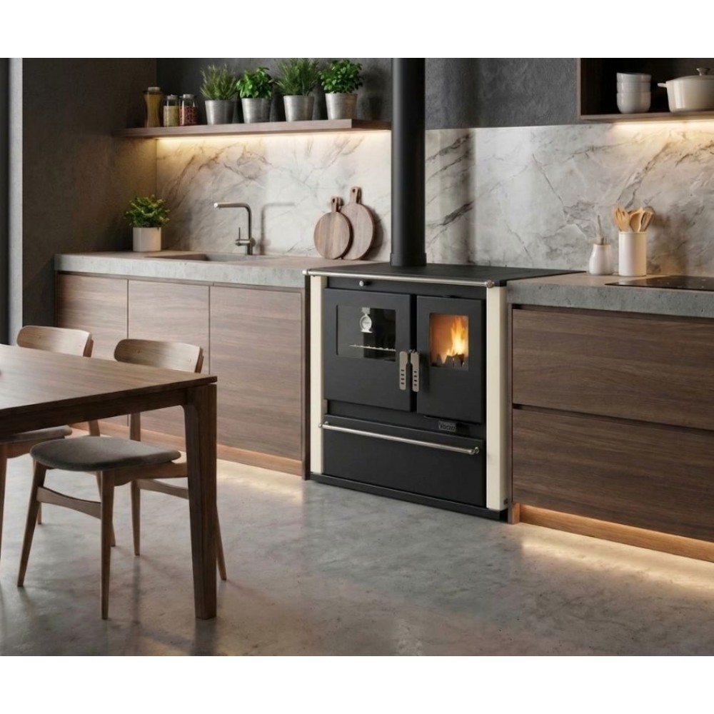 Malkas plīts Verso CS Plus ar tērauda cepeškrāsni un tērauda virsmu, Ziloņkaula, Kreisā, 7.7kW | Malkas krāsnis ar cepeškrāsni | Malkas krāsnis |