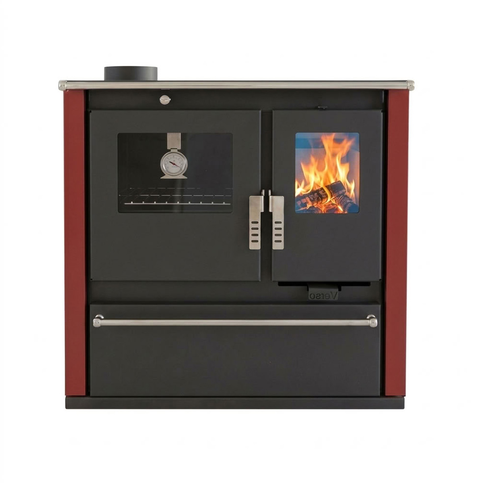 Malkas plīts Verso CS Plus ar nerūsējošā tērauda cepeškrāsni un stikla keramikas virsmu, Sarkana, Kreisā, 7.7kW | Malkas krāsnis ar cepeškrāsni | Malkas krāsnis |