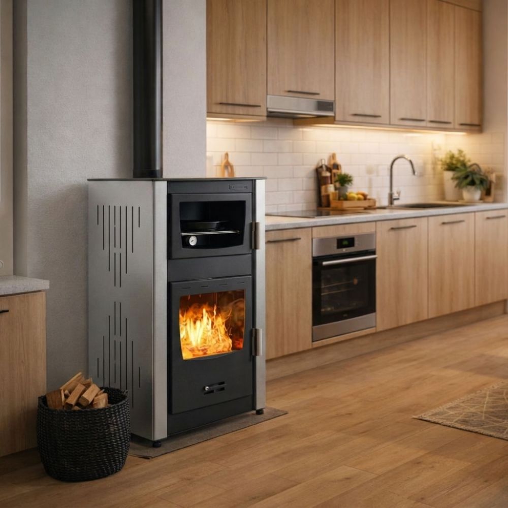 Malkas krāsns ar centrālapkuri ar cepeškrāsni Velmora Fire ATS HYDRO ΜΑSΙΝΑ 90-25 pelēka, 25kW | Malkas krāsnis ar centrālo apkuri | Malkas krāsnis |
