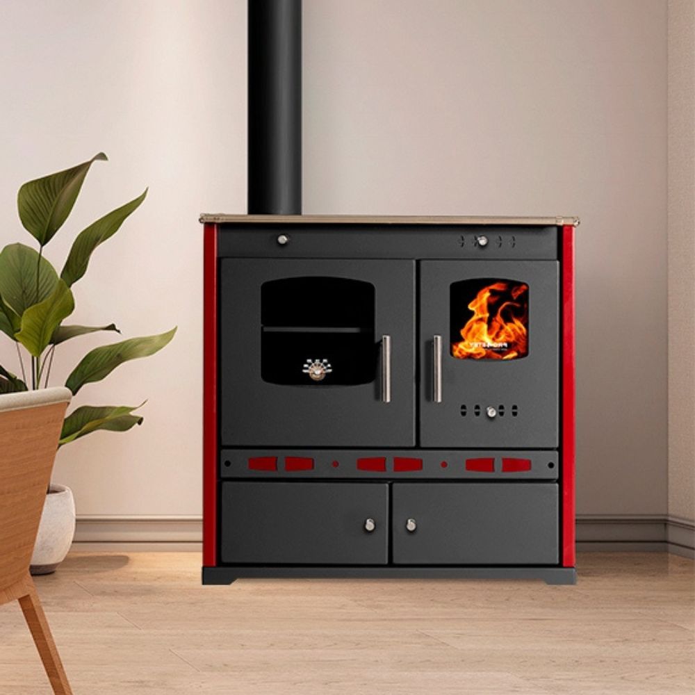 Malkas plīts Prometey Perfect Eco Lux ar kreiso dūmvadu, bordo, 7.5kW |  |  |