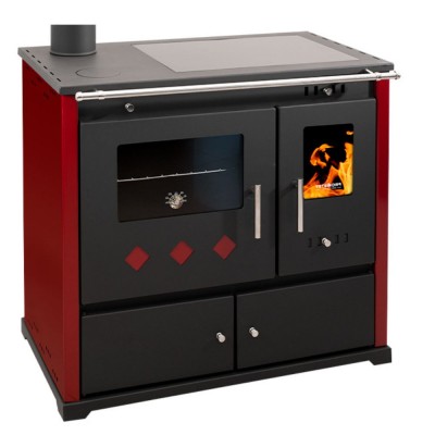 Malkas plīts Prometey Perfect Practik Lux ar keramisko plīti, kreisais dūmvads, bordo, 9.5kW - Malkas krāsnis