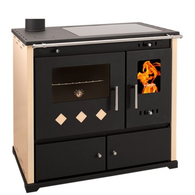Malkas plīts Prometey Perfect Practik Lux ar keramisko plīti, kreisais dūmvads, ziloņkauls, 9.5kW - Malkas krāsnis