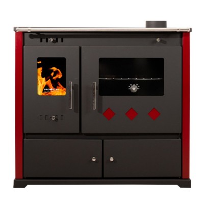 Malkas plīts Prometey Perfect Practik Lux ar keramisko plīti, labā dūmvada, bordo, 9.5kW - Malkas krāsnis