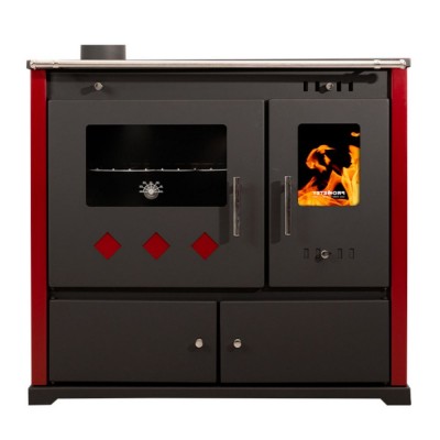 Malkas plīts Prometey Perfect Practik Lux ar kreiso dūmvadu, bordo, 9.5kW - Malkas krāsnis