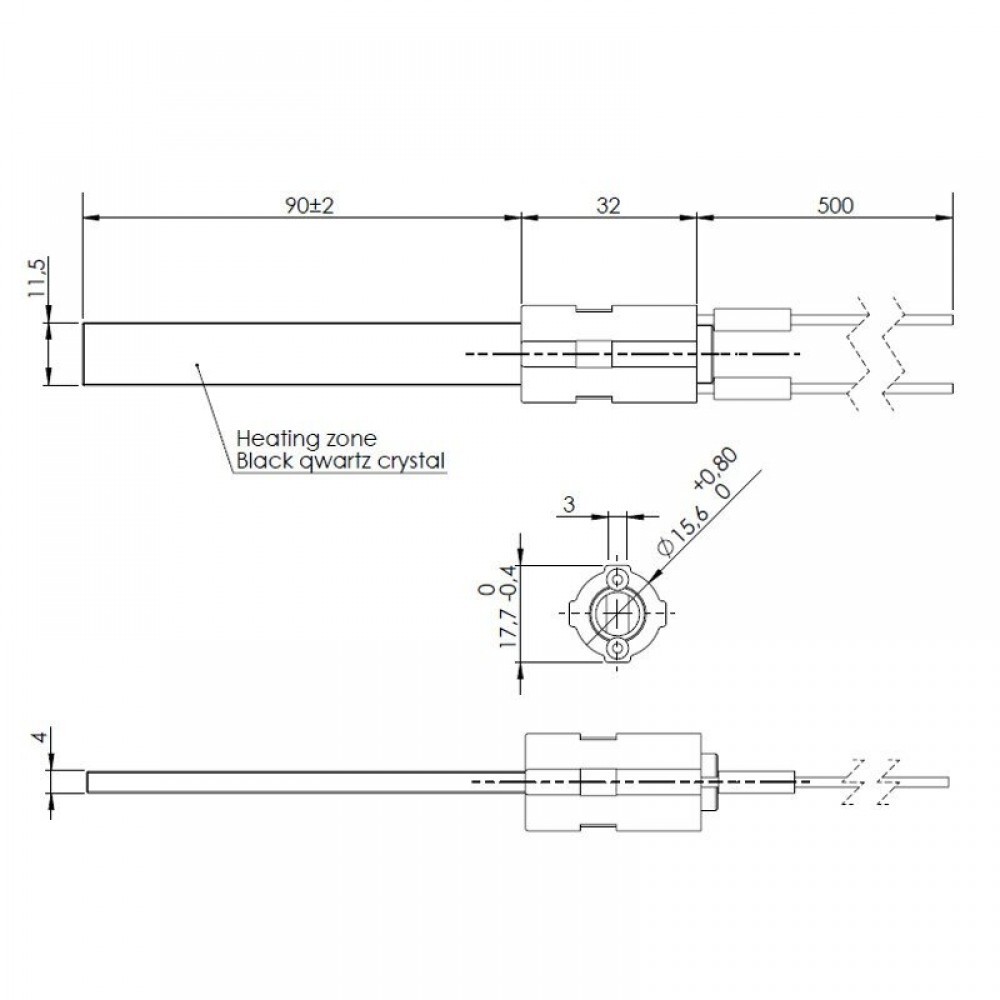 Aizdedze ar melnu kvarca kristālu granulu krāsnīm, kopējais garums 122mm, 300W | Aizdedzes granulu krāsnīm | Granulu krāsns rezerves daļas |